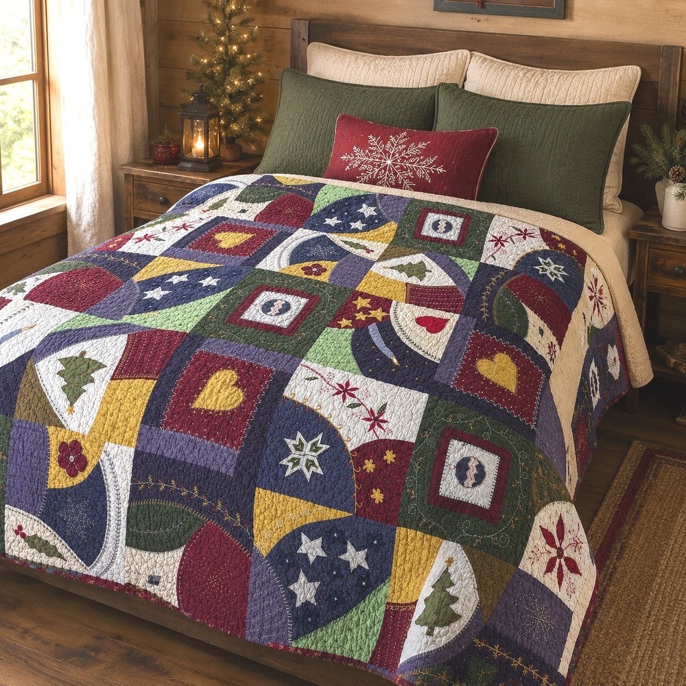 VTG Pottery Barn Reversible Holiday Patchwork Plaid Quilt Full/Queen 86"x 86"